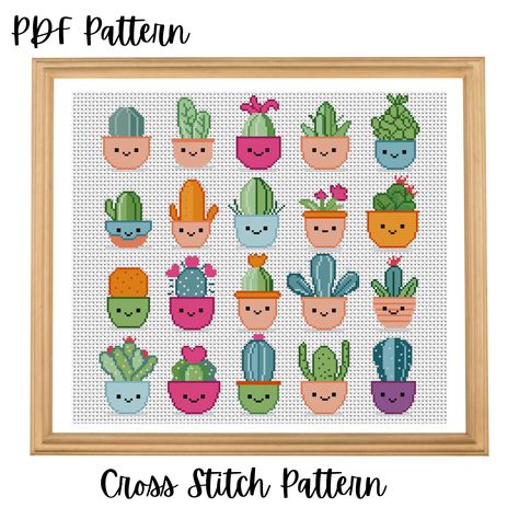 Kawaii Home, Kawaii Cross Stitch, Overall Pattern, Electronics Pattern, Cactus Cross Stitch, Cactus Plant Pots, Home Plants, Plants Cactus, Plants Pots