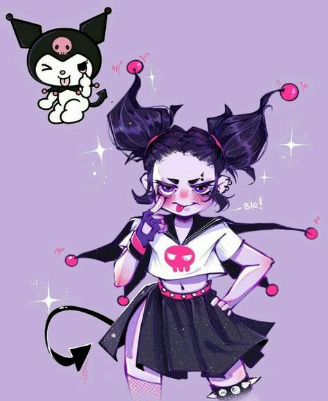 Sanrio As Humans Drawing, Sanrio Human Version, Kuromi Fanart, Kuromi Art, Kuromi X My Melody, Kuromi Style, My Melody X Kuromi, Kuromi Drawing, Kuromi Cosplay