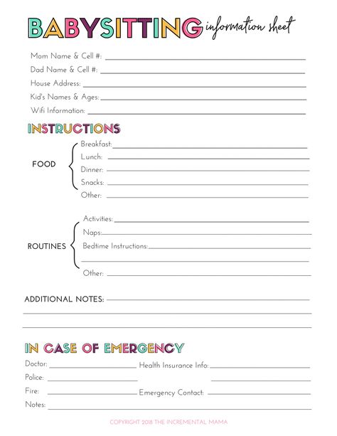 Download free babysitting information printable. This babysitter information sheet simplifies life and assures that you babysitter is prepared. #babysittingprintable #parenting #freeprintable Babysitting Prices, Babysitter Printable, Babysitter Checklist, Babysitting Hacks, Babysitting Kit, Babysitter Notes, Babysitting Ideas, Babysitting Activities, Babysitting Fun