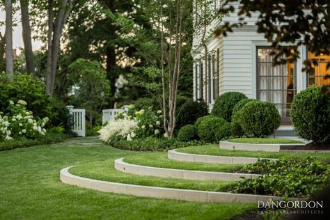 Backyard Garden Boxes, Grass Steps, Boxwood Landscaping, Beautiful Terrace, Lawn Design, Shingle Style Homes, Landscaping Retaining Walls, Front Landscaping, Fence Landscaping