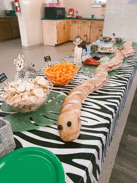 Jungle Theme Birthday Party Food Ideas, Wild And Three Birthday Activities, Wild Ones Birthday Party Food, Snake Bday Party, Rainforest Birthday Party Ideas, Wild Life Birthday Theme, Jungle Safari Birthday Party Food, Wild Animal Themed Food, Snake Sandwich Birthday Parties