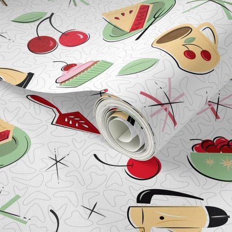 Retro Cherry Treat Wallpaper | Spoonflower 1950 Kitchen, Retro Cherry, Red And White Kitchen, Cherry Cherry, Cherry Desserts, Vintage Cherry, Retro Kitchen Decor, Temporary Art, Drawer Liners