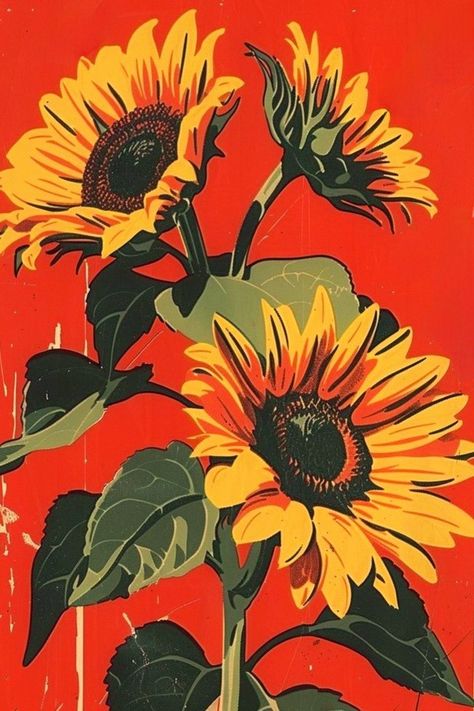 Old Poster Aesthetic, Bold Red Aesthetic, Vintage Wall Collage Ideas, Sunflower Drawing Aesthetic, Vintage Illustration Wallpaper, Sunflower Art Drawing, Red Flowers Drawing, Red Background Flower, Simple Sunflower Painting