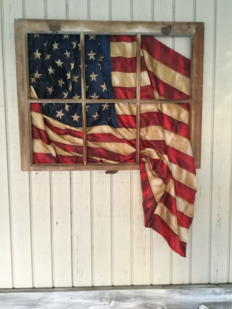 American Flag Ladder Decor, Old Window With Flag, American Flag In Old Window Frame, 4th Of July Front Porch Decor, 4th Of July Front Porch, Window Frame Decor, Old Window Projects, Flag Wreath, Old Window Frame