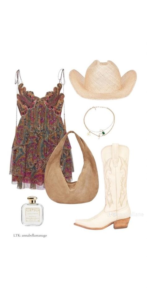 Outfit With Brown Cowgirl Boots, Cowgirl Club Outfit, Kings Of Leon Concert Outfit, Phish Concert Outfit, Boho Concert Outfit Summer, Cowgirl Boots Outfit Aesthetic, Line Dancing Outfits, Country Bar Outfits, Country Concert Outfit Dress