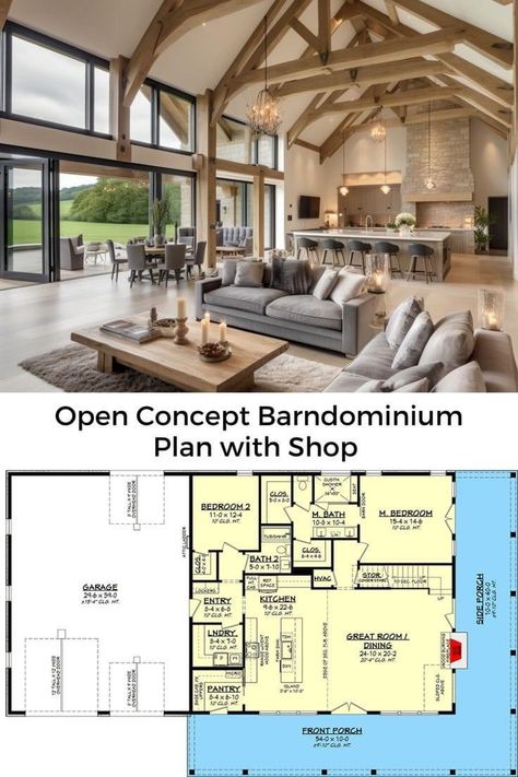 One Floor Barndominium Plans, Open Living Floor Plan, Barndominium Ideas Small Floor Plans, 4bedroom Barndominium Plans, Floor Plans For Barndominium, Barndominium Style Homes, Barndominium Ideas Open Concept, Barndomiums Floor Plans, House Plans With Cathedral Ceilings