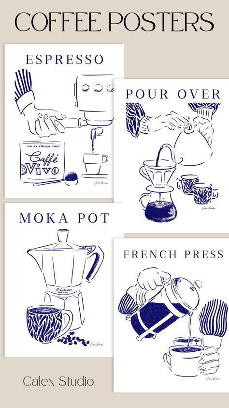 Pick your favorite brewing method or get a coffee line art print for each - Espresso, Pour Over Coffee, Moka Pot, and French Press. Coffee wall art hand drawn by Candace Alexandres, coffee art print for kitchen Coffee Wall Art Ideas, Coffee House Illustration, Blue Coffee Bar, Espresso Illustration, Coffee Methods, Coffee Moka Pot, Coffee Line Art, Coffee Clip Art, Coffee Sketch