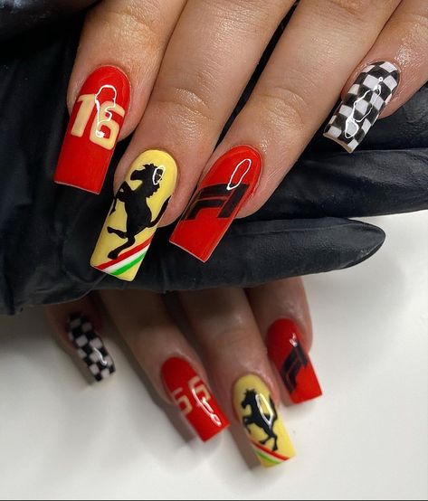 Ferrari Nails F1, Ferrari Inspired Nails, Red Ferrari Nails, Ferrari Nail Art, Car Themed Nails, Charles Leclerc Nails, Max Verstappen Nails, Racing Nail Art, Porsche Nails