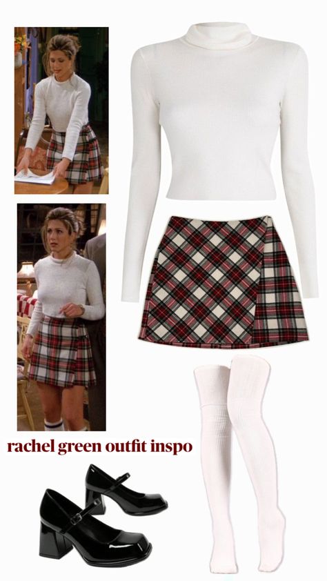 rachel green fit, friends, cheque skirt Friends Rachel Winter Outfits, Friends Rachel Outfits Dresses, 90s Fashion Friends Rachel Green, Rachel Green Plaid Skirt, Rachel Friends Fashion, Friends Inspired Outfits Rachel Green, 90s Chic Outfits, Fall Outfits Aesthetic Skirt, Rachel Green Friends Outfits