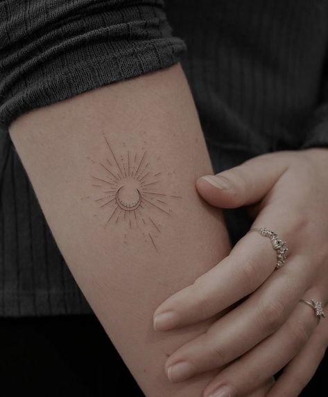 Above Elbow Tattoo, Eclipse Tattoo, First Tattoo Ideas, Sun Tattoo Designs, Moon Tattoo Designs, Elbow Tattoos, Sun Tattoos, The Sweetest Thing, Cool Small Tattoos