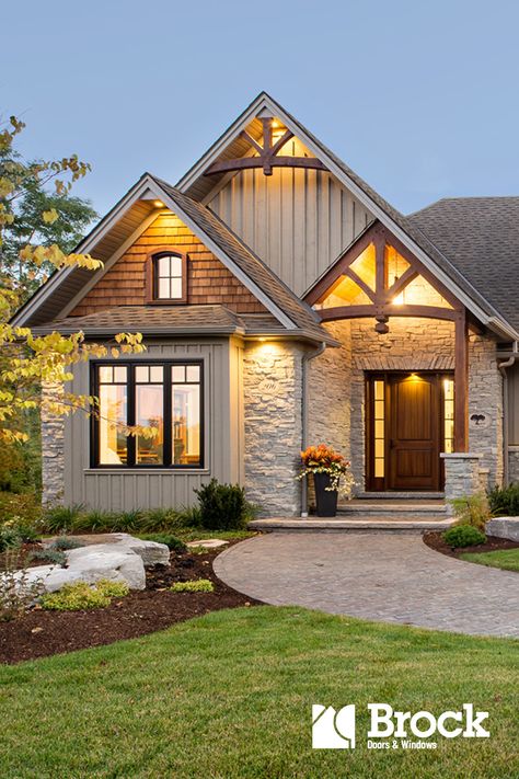 Blue And Black Home Exterior, Cabin Style House Exterior, Canadian Homes Exterior, Rustic Road Hardie Board, Mixed Materials House Exterior, House With Arched Front Door, Exterior House Paint Color Combinations Farmhouse, New Build House Ideas Exterior, Canadian House Exterior