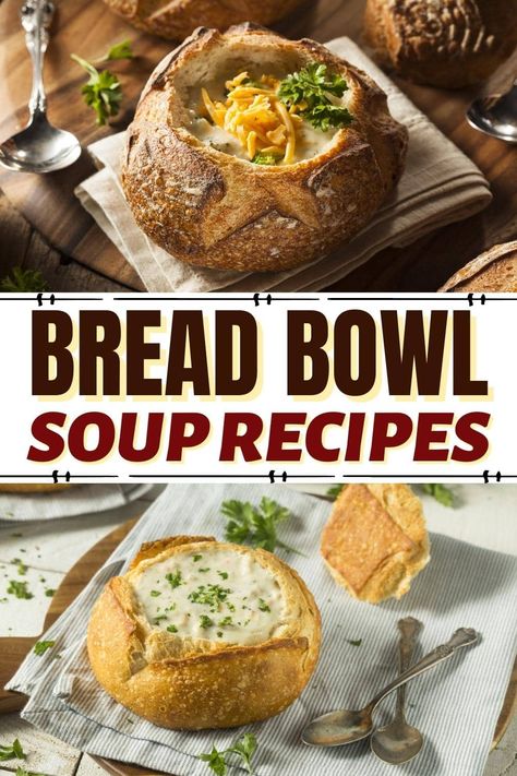 On a chilly night, these bread bowl soup recipes hit the spot! From broccoli cheese to tomato to loaded potato, bread bowl soups can't be topped! Bread Bowl Soup, Homemade Bread Bowls, Steak Soup, Bread Bowl Recipe, Warm Soup Recipes, Pizza Soup, Bread Dough Recipe, Bread Soup, Loaded Potato Soup