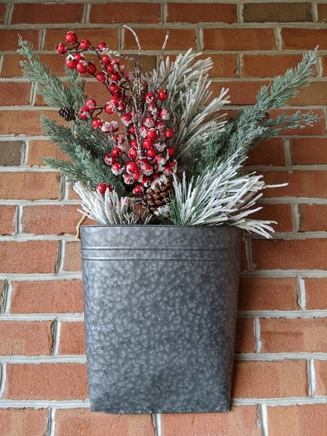 Christmas Wall Planter, Galvanized Bucket Decor Christmas, Galvanized Tub Christmas Decor, Rustic Christmas Porch Wall Art, Christmas Centerpiece Galvanized Bucket, Galvanized Wall Planter, Bath Quotes, Porch Pots, Galvanized Planters