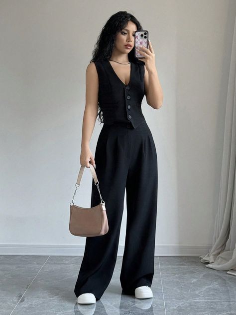 Stylish Office Wear Women, Aesthetic Buisness Clothes, Jumpsuit And Vest Outfit, Formal Outfits For Masc Women, Wide Leg Trousers Outfit Black, Semi Formal Business Attire For Women, Fitted Vest Outfits For Women, C Suite Style Women, Real Estate Fits