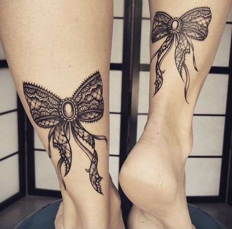 Skull And Bow Tattoo, Lace Ankle Tattoo, Bows Tattoos For Women Thighs, Lace Bow Tattoo, Bows Tattoo, Small Bow Tattoos, Garter Tattoos, Lace Thigh Tattoos, Lace Garter Tattoos