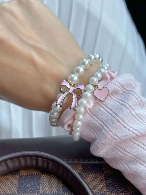 Pearl Bracelet Stack, Ballet Fashion, Pink Girly Things, Girly Accessories, Pink Collar, Heart Shape Pendant, Girly Jewelry, Clean Girl, Beaded Stretch Bracelet