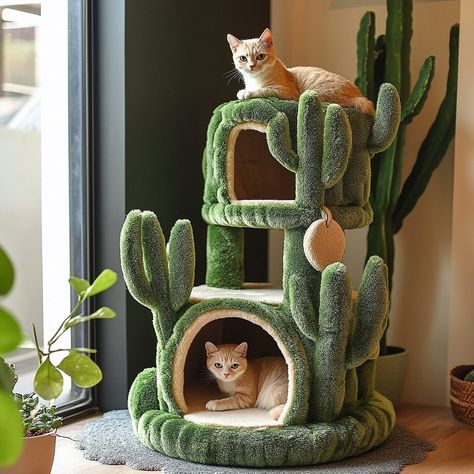 The Cactus Cat Tree is a playful and stylish piece of pet furniture designed to bring a touch of the desert into your home. Shaped like a tall, vibrant green cactus, this cat tree features multiple levels for climbing, perching, and lounging, with cozy platforms covered in soft, durable fabric. The ‘branches’ of the cactus serve as scratching posts wrapped in natural sisal, perfect for your cat’s scratching instincts. The Cactus Cat Tree not only provides endless entertainment and comfort for... Cat Scratching Post Aesthetic, Cute Cat Scratching Post, Aesthetic Cat Tree, Flower Cat Tree, Cat Captions, Cat Room Decor, Plant Office, Cactus Cat, Cat Towers