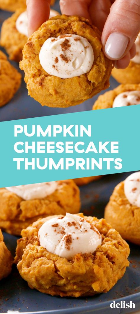 You'll Be Baking Pumpkin Cheesecake Thumbprints On Repeat This FallDelish Pumpkin Cheesecake Cookies, Baking Pumpkin, Pumpkin Coloring, Savory Cakes, Cheesecake Cookies, Thumbprint Cookies, Köstliche Desserts, Pumpkin Dessert, Baked Pumpkin