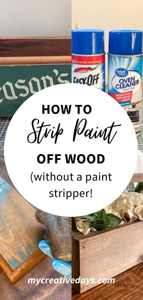 If you like DIY home decor and refurbished furniture, learning how to strip paint off wood is an essential skill! In this tutorial, we’re showing you how to easily strip paint off wood furniture and décor- without using a paint stripper! Furniture painting, upcycled furniture, diy furniture projects How To Scrape Paint Off Wood, Wood Stripping Diy, How To Strip Black Furniture, How To Strip Paint Off Wood Trim, How To Strip Paint Off Wood Cabinets, Striping Paint Off Wood, Take Paint Off Wood, Sanding Vs Stripping Wood Furniture, Stripping Furniture With Veneer