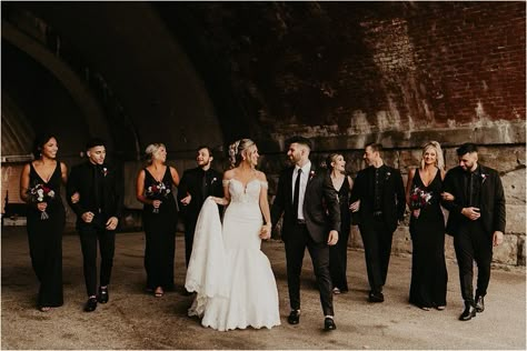 Wedding Party All Black Attire, Wedding Party Dressed In Black, Black Bridesmaids And Groomsmen Attire, All Black Wedding Bridal Party, Dark Wedding Party Attire, Wedding Party Black Attire, Black Groomsmen Attire Bridal Parties, Black Outfit Wedding Party, Groomsmen Black On Black