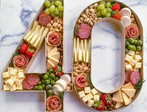 BoardsbyMo Paper Mache Numbers, 40 Years Of Marriage, Iphone Food Photography, Wine Cheese Pairing, Beautiful Cheese Board, Surprise 40th, Paper Mache Letters, Number Ideas, Party Food Buffet