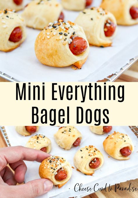 Mini Everything Bagel Dogs are the perfect appetizer for game day or just because! Savory little hot dogs wrapped and brushed with garlic butter. Sprinkled with a little everything bagel seasoning make these an easy winner. #everythingbagel #bageldog #pigsinablanket #appetizers #gamedayfood Bagel Dogs, Bagel Spread, Sausage Appetizers, Everything Bagel Seasoning, Bagel Dog, Appetizer Meatballs, Bagel Seasoning, Veggie Dogs, Cheese Curds