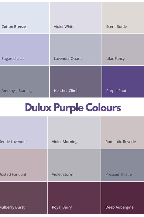 dulux purple colours, swatches of all the different Dulux purple paint colours in their collection ranging from light lilac to deep aubergine Light Purple Shade, Lick Purple Paint, Shades Of Purple Wall Paint, Dulux Purple Paint, Lilac Panelling, Dusky Purple Bedroom, Colours That Go With Purple, Lilac Wall Paint, Purple Paint Colors Bedroom