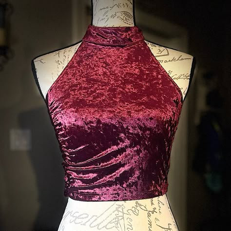 Tobi Burgundy Crushed Velvet Cropped Halter Topsmallnever Worn! Crushed Velvet Clothes, Crushed Velvet Outfit, Wine Red Clothes, 13 Clothes, Velvet Shirts, Clothing Diys, Velvet Halter Top, Red Velvet Top, Red Tube Top