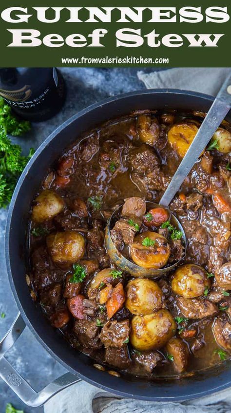 This hearty Guinness Beef Stew is deliciously rich and complex with tender bites of beef, carrots, potatoes, and parsnips. There's no need to go to a local pub to celebrate St. Patrick's Day when you can cook up your own pub grub at home! Guiness Stew, Beef Stew Dinner, Irish Stew Recipe, Guinness Beef Stew, Irish Beef Stew, Irish Beef, Homemade Beef Stew, Irish Stew, Pub Food