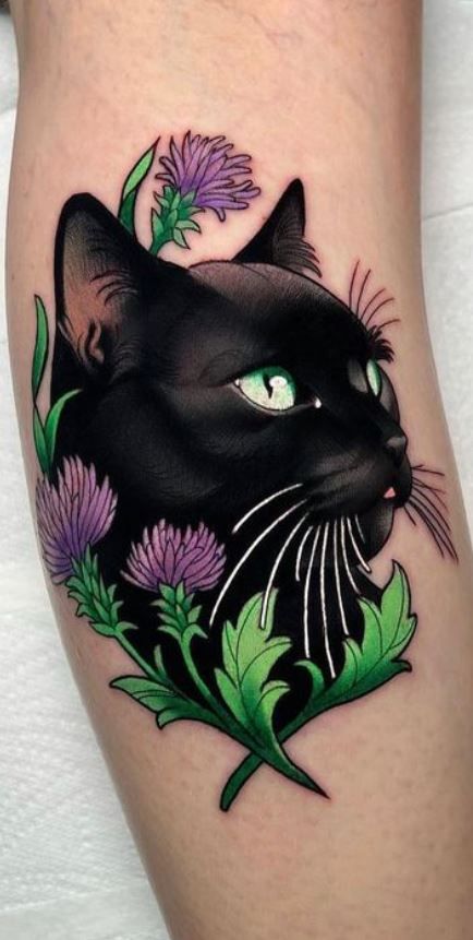 Black Cat Hand Tattoo, Black Cat Face Tattoo, Catnip Tattoo, Cover Tatoos Ideas, Coverup Tattoo Ideas For Women, Floral Cat Tattoo, Black Cat Tattoo Ideas, Cauldron Tattoo, Cat Tattoos Ideas