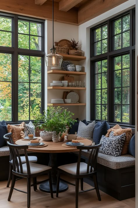 Have a Lazy Sunday with a Modern Breakfast Nook – Everyday Inspo Lake House Breakfast Nook, High Top Breakfast Nook, Casual Dining Room Round Table, Fireplace Breakfast Nook, Breakfast Nook With Sliding Glass Door, Skylight Breakfast Nook, Unique Breakfast Nook Ideas, Breakfast Nook Against Window, Modern Traditional Breakfast Nook