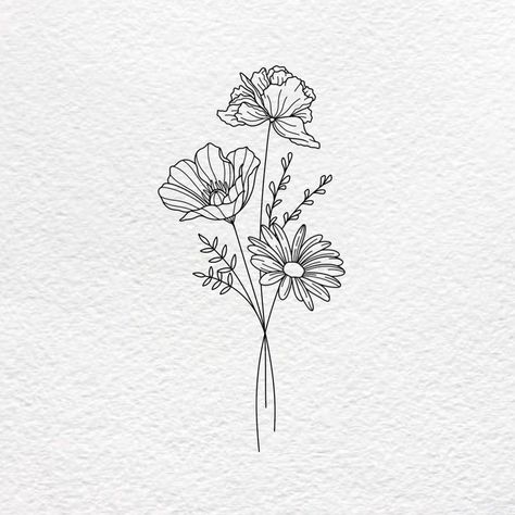 small tattoos by Tattoo Art & Designs Family Line Art, Birth Month Flower Bouquet, Flowers Minimalist, Line Art Tattoo, Flower Bouquet Tattoo, May Birth Flowers, Bouquet Tattoo, Mommy Tattoos, Family Flowers