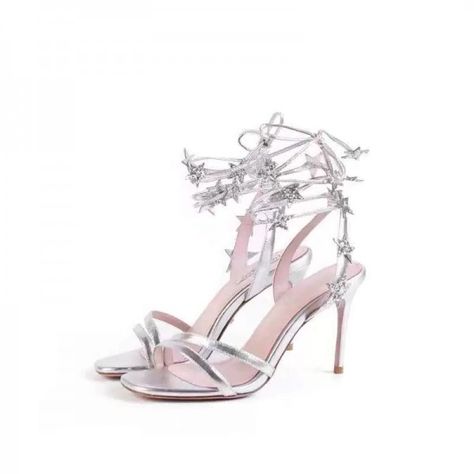 Silver Star Strappy Sandals Open Toe Stiletto Heel Sandals for Party, Night club, Date | FSJ Silver Star Heels, Swashbuckler Rogue, Silver Strappy Sandals, Pencil Heels, Silver Strappy Heels, Prom 2023, Strappy High Heels Sandals, Preppy Shoes, Prom Heels