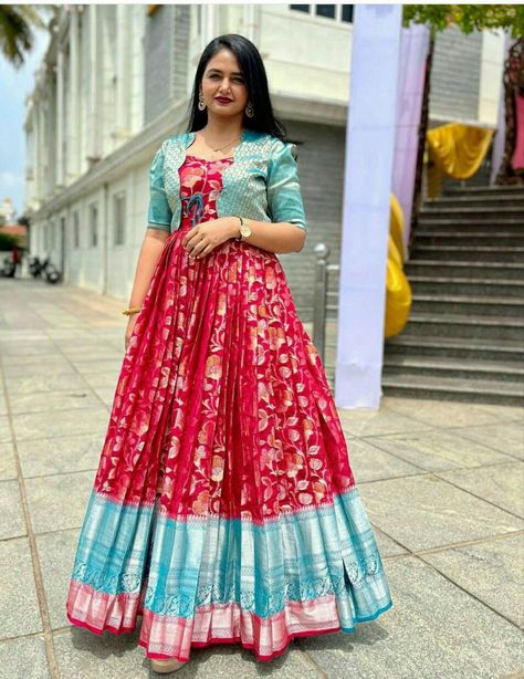 Grown From Old Saree, Back Neck Frock Design, Long Frock Designs From Saree, Saree Frock Designs For Women, Frocks With Pattu Saree, Frock In Saree, Silk Saree Frock Design, Designer Long Frocks For Women, Long Frock Designs With Pattu Sarees