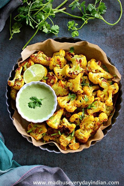 Curry Roasted Cauliflower - Madhu's Everyday Indian Jalapeno Chutney, Chemo Recipes, Curry Roasted Cauliflower, Curry Cauliflower, Cauliflower Side Dish, Curried Cauliflower, Garlic Fried Rice, Spiced Cauliflower, Whole Roasted Cauliflower