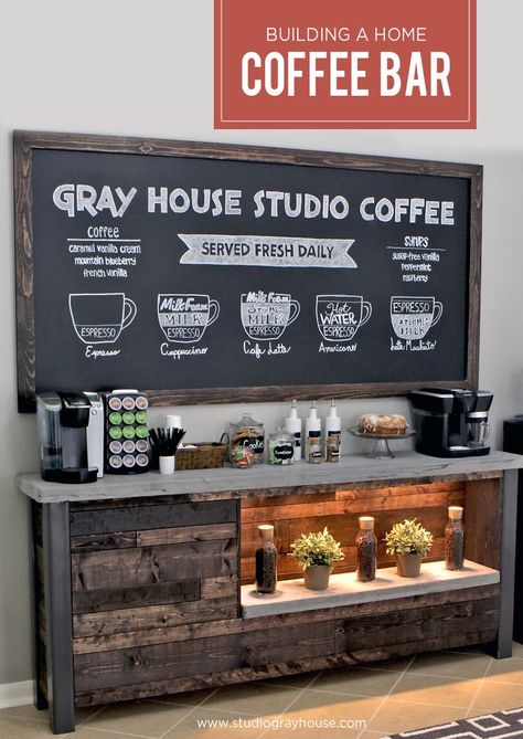 DIY Coffee Bar - Every detail of this DIY Project is fantastic! They wanted to bring a coffee shop atmosphere into their breakfast nook, so they built their own in-house coffee bar! Kaffe Station, Rustic Coffee Shop, Bar Nook, Diy Coffee Station, Coin Café, Café Design, Diy Coffee Bar, Tea Station, Coffee Bar Design