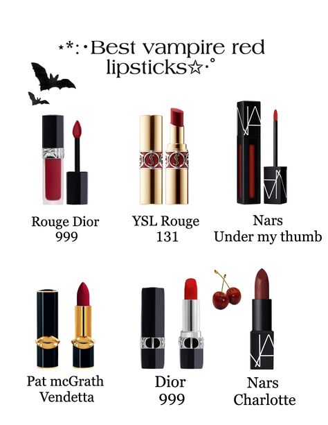 Red Dark Lipstick, Vampire Makeup Products, Goth Red Lipstick, Vampire Red Lipstick, Cool Red Lipstick Shades, Vampire Lip Combo, Vampire Cosmetics, Dark Red Lipstick Aesthetic, Vampy Fashion