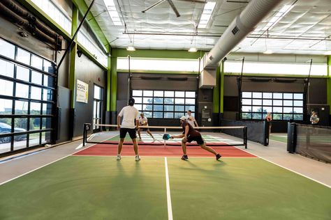 Indoor Pickleball Court Design, Indoor Pickle Ball Court, Home Pickleball Court Ideas, Indoor Pickleball Court Home, Indoor Pickleball Court, Chicken N Pickle, Indoor Pickleball, Rv Barn, Indoor Sports Court