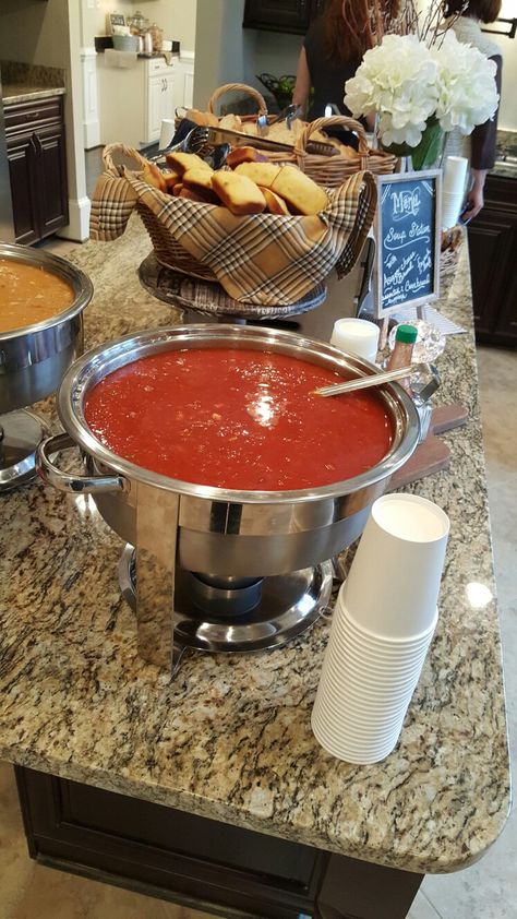 Soup Bridal Shower Ideas, Soup Bars For Weddings, Bridal Shower Soup And Sandwich, Soup Bar For Party, Soup Party Ideas Entertaining, Fall Soup Bar, Soup Flight Party, Fall Wedding Soup Bar, How To Serve Soup At A Party