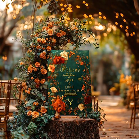 Enchanting Green, Gold & Orange Druid Hill Autumn  Foam Board Green Copper Wedding Colors, Emerald Burnt Orange Wedding, Emerald Green Burnt Orange And Burgundy Wedding, Fall Indian Wedding Decor, Green And Terracotta Wedding Party, Teal Orange Red Wedding, Fall Vibe Wedding, Autumnal Wedding Theme, Burnt Orange And Emerald Green Wedding Invitations