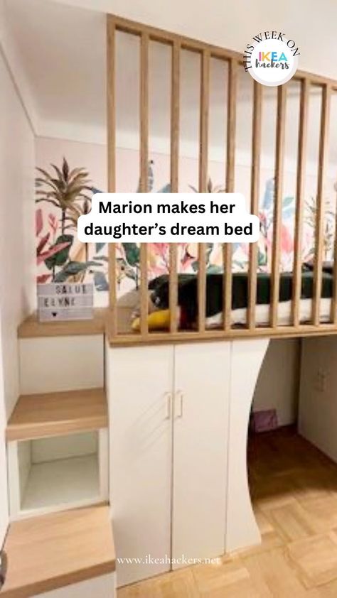 https://ikeahackers.net/2024/04/kids-loft-bed.html Kallax Loft Bed Ikea Hacks, Kids Loft Bed Ikea, Ikea Loft Bed Ideas For Small Rooms, Home Made Loft Bed, Ikea Hack Bed Kids, Ikea High Bed Hack, Diy Loft Bed With Slide, Ikea Loft Bed Stairs Hack, Reverse Loft Bed Ideas