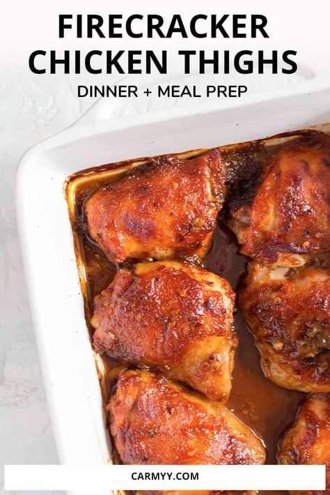 Spicy Chicken Thigh Recipes Baked, Spicy Chicken Thigh Recipes, Chicken Thigh Meal Prep, Spicy Chicken Thighs, Firecracker Chicken, Spicy Baked Chicken, Healthy Baked Chicken, Healthy Freezer Meals, Chicken Recipies