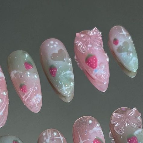 Matcha Strawberry Nails, Strawberry Matcha Nails, Matcha Nails, Berry Nails, Strawberry Matcha, Airbrush Nails, Y2k Nails, Beauty Ideas, Nails Inspo