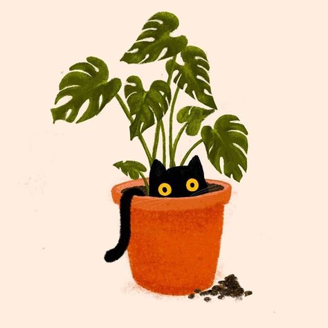 Cat And Plant Painting, Cat Plant Illustration, Cat Plants Illustration, Houseplants Illustration, Plant Illustration Art, Pot Illustration, Funny Cat Illustration, Plants Illustration, Cat Plants