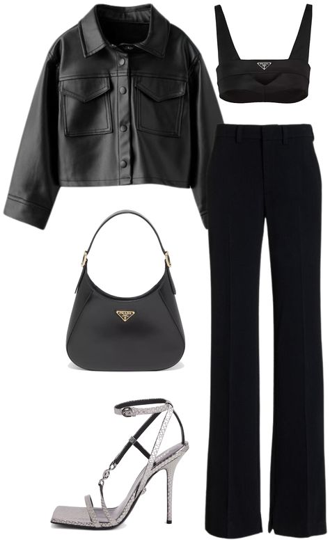 I Want Prada outfit ideas | Prada Looks, Outfit Ideas For Party, Prada Leather, Outfit Maker, Outfit Shoplook, Straight Leg Pants, Classy Outfits, Leather Shoulder Bag, Date Night