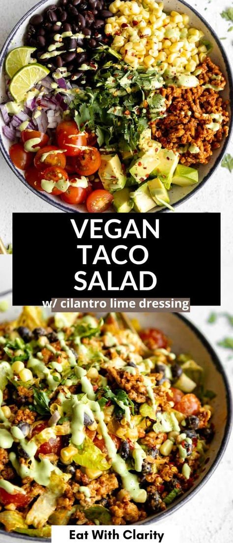 This simple vegan taco salad is fresh, easy to make, packed with protein from black beans and vegan taco meat. With tomatoes, corn and creamy avocado. This vegan salad is healthy and topped with a cilantro lime vinaigrette dressing. Vegan Taco Meat, Avocado Cilantro Dressing, Vegan Taco Salad, Vegan Tacos Meat, Cilantro Lime Vinaigrette, Vegan Taco, Vegan Summer Recipes, Cilantro Dressing, Lime Vinaigrette