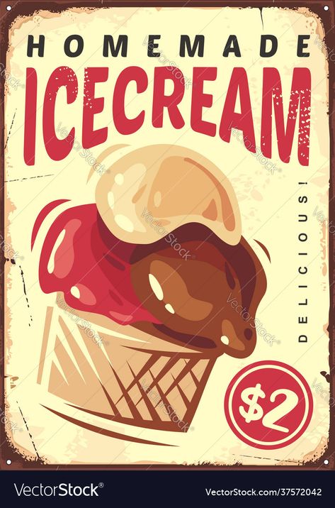 Ice Cream Poster Design Ideas, Ice Cream Design Poster, Poster Food Design, Ice Cream Advertisement, Ice Cream Poster Design, Vector Food Illustration, Ice Cream Vintage, Retro Ice Cream, Vintage Food Posters