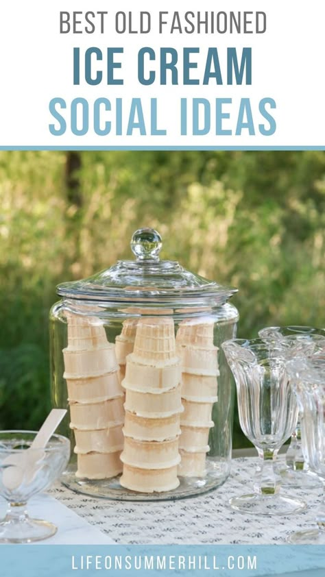 Outdoor ice cream social decorating ideas.  Old fashioned vintage retro theme Ice Cream Social Decorations, Ice Cream Social Ideas, Summer Party For Kids, Ice Cream Party Bar, Ice Cream Sauces, Ice Cream Sundae Party, Ice Cream Social Party, Sundae Party, Ice Cream Sauce