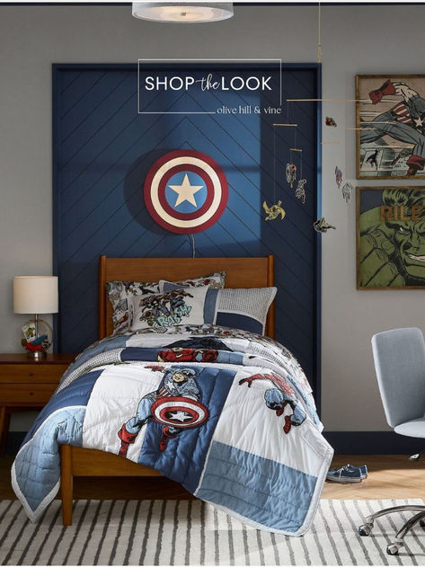 Looking for a "MARVEL”ous bedroom vibe for your little superhero? Imagine a space where Captain America and Hulk art sets the scene, personalized just for your guy. Add in a table lamp that doubles as a collection holder, cozy hero bedding, a Marvel mobile, and a light-up Captain America shield! Heroic dreams await!    Visit our website or find us on LTK to shop the look! Super Hero Bedroom Ideas For Boys, Boys Marvel Room, Kids Superhero Bedroom, Marvel Bedroom Ideas Boy Rooms, Boys Marvel Bedroom, Marvel Themed Bedroom, Captain America Room, Modern Superhero Bedroom, Hulk Bedroom