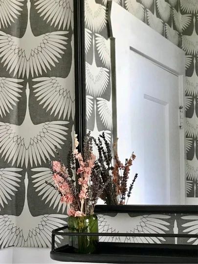 Feather Flock Wallpaper, Powder Room Wallpaper Accent Wall, Chalk Wallpaper, How To Apply Wallpaper, Genevieve Gorder, Flock Wallpaper, Powder Room Wallpaper, Patterned Wallpaper, Wallpaper Bathroom